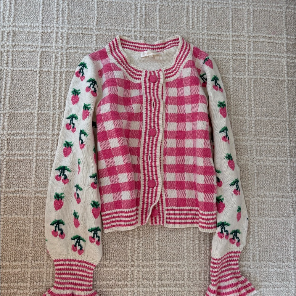Pink and White Checkered Cardigan with Strawberry Sleeves